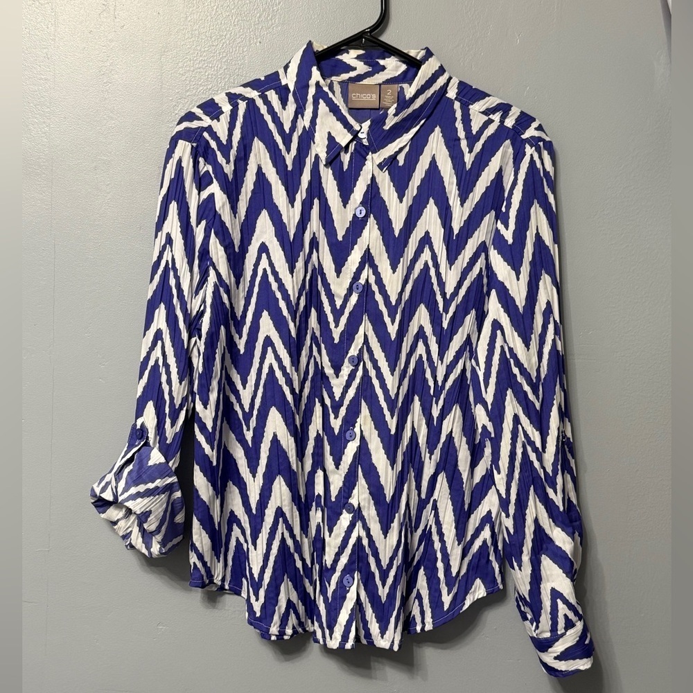 #12)  Chico's purple and White Chevron Button Down Shirt with roll up sleeve